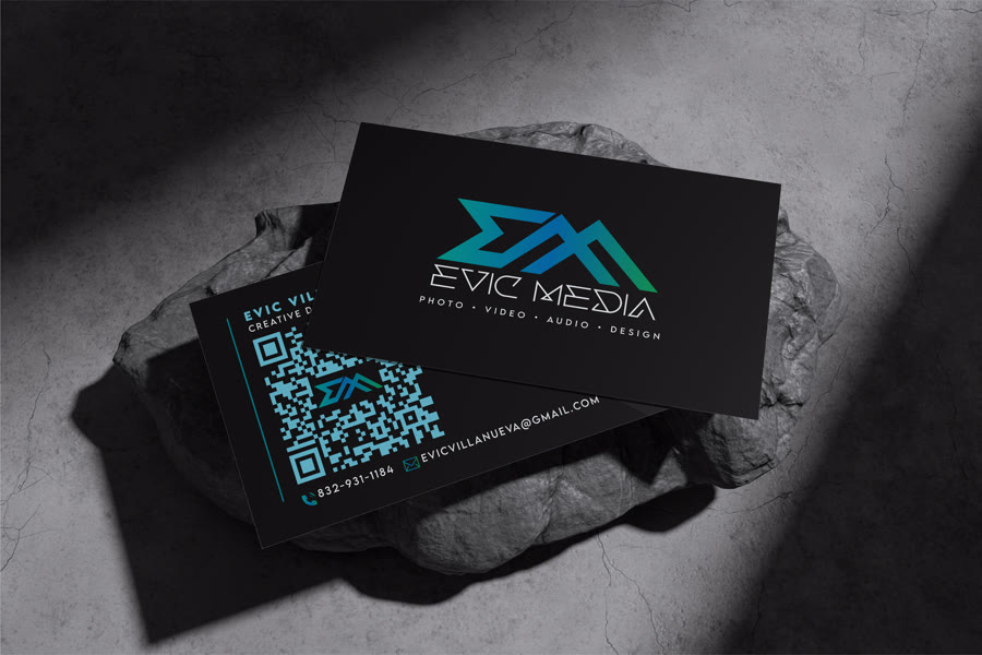 Evic Media business card design mockup on stone