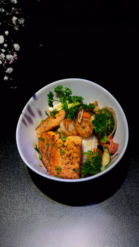 Salmon and shrimp rice bowl