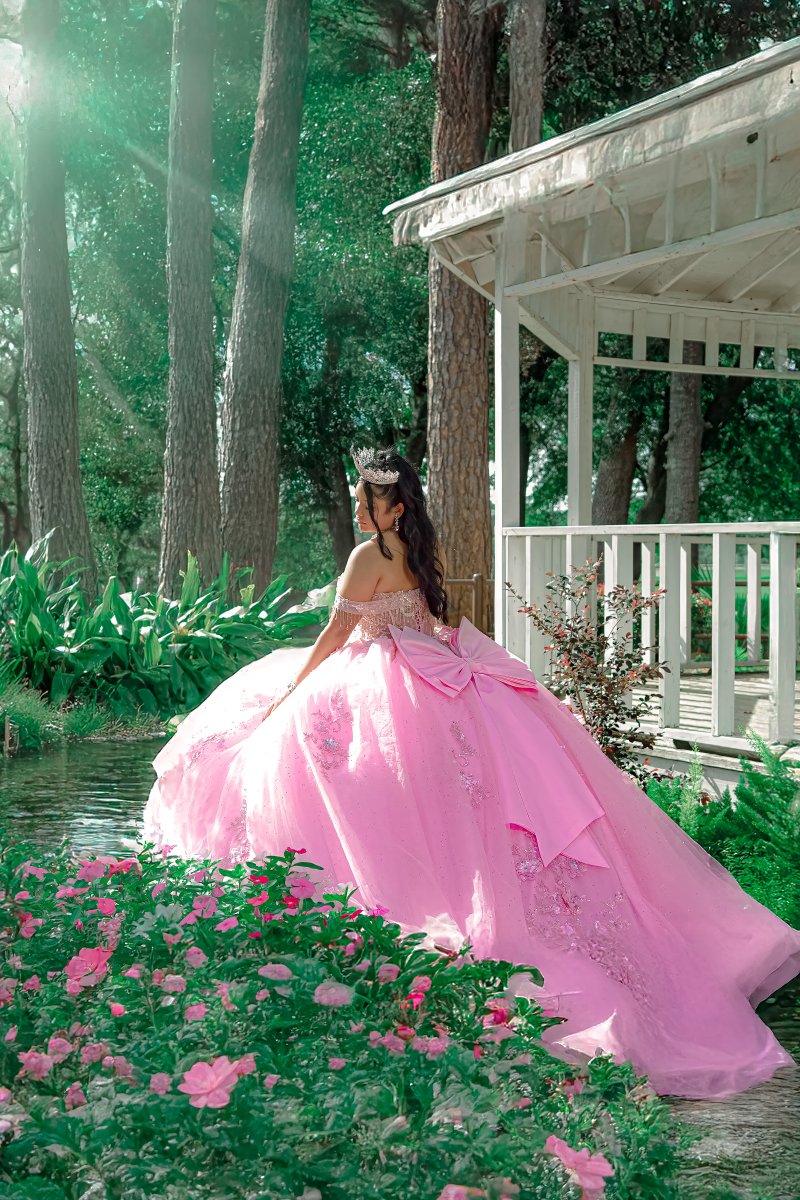Quinceañera portrait — pink ballgown garden gazebo