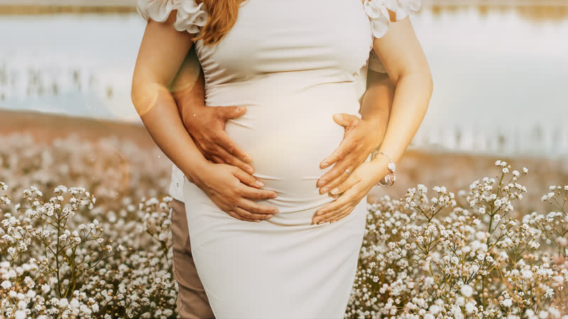 Close-up of expecting parents holding baby bump in flower field